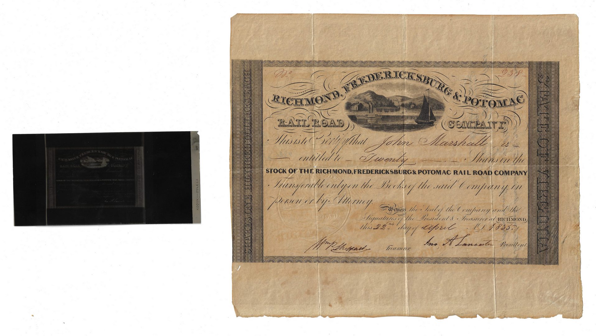 Lot 259: Justice John Marshall Railroad Stock Certificate, Charles Harrod Signed Atchafalaya Currency, 2 items