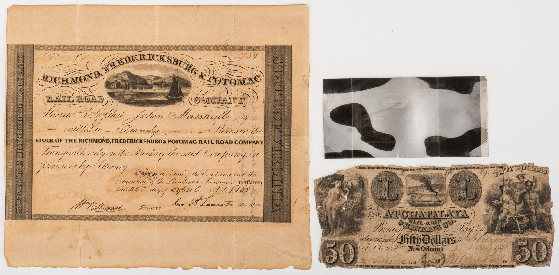 Lot 259: Justice John Marshall Railroad Stock Certificate, Charles Harrod Signed Atchafalaya Currency, 2 items