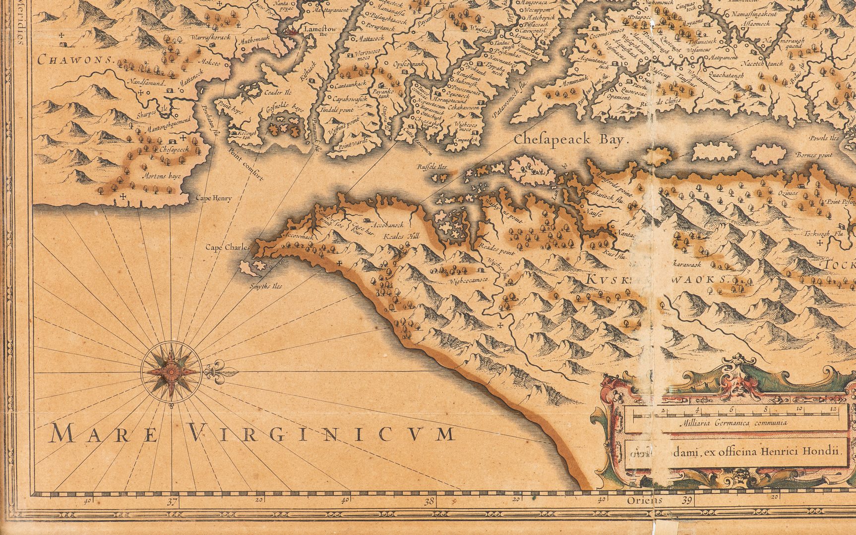 Lot 275: Hondius Map of VA – Nova Virginiae Tabula,