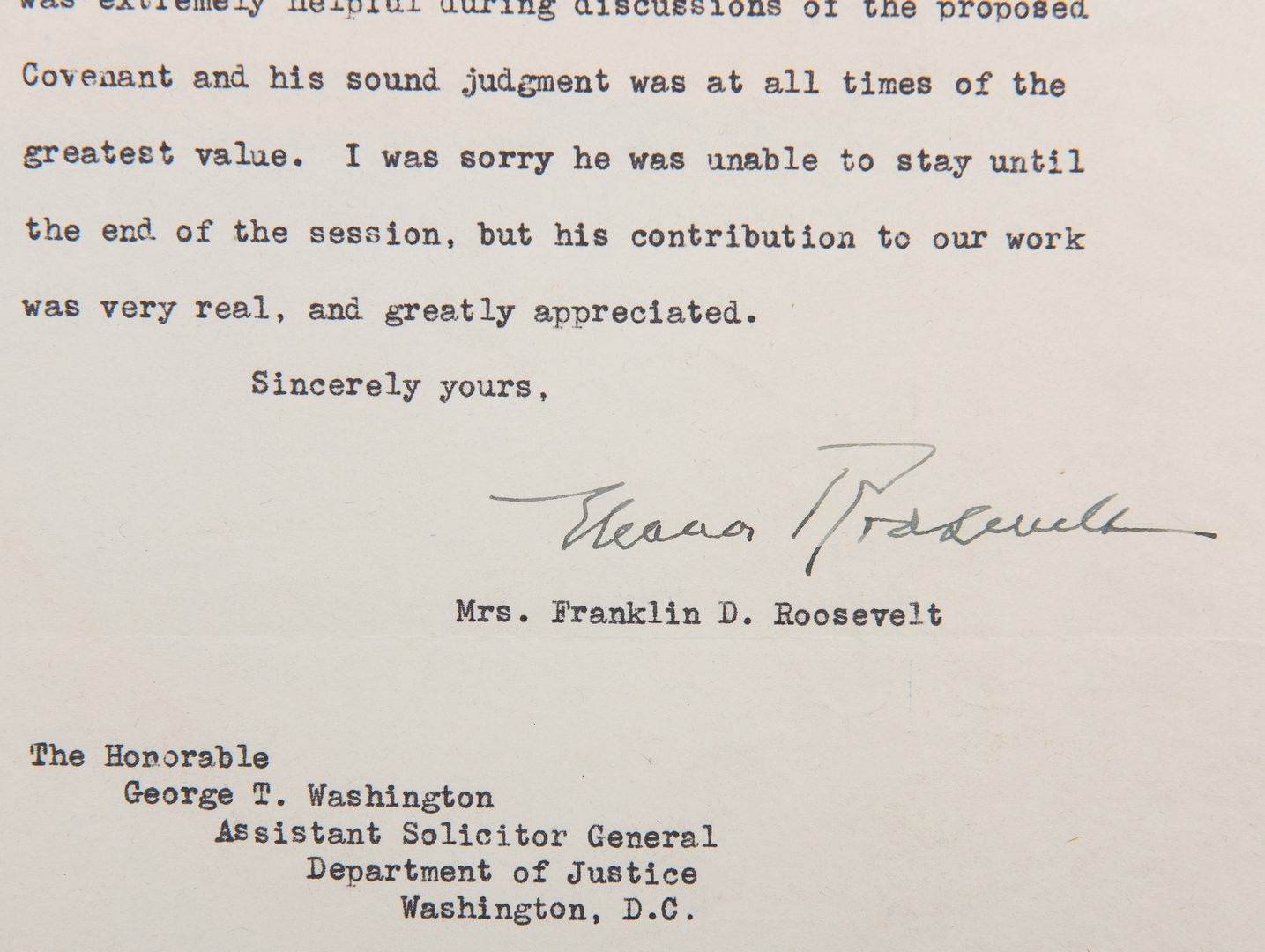 Lot 290: Judge George T. Washington archive inc. Truman, Eleanor Roosevelt, Justice Warren Burger letters, 27 items