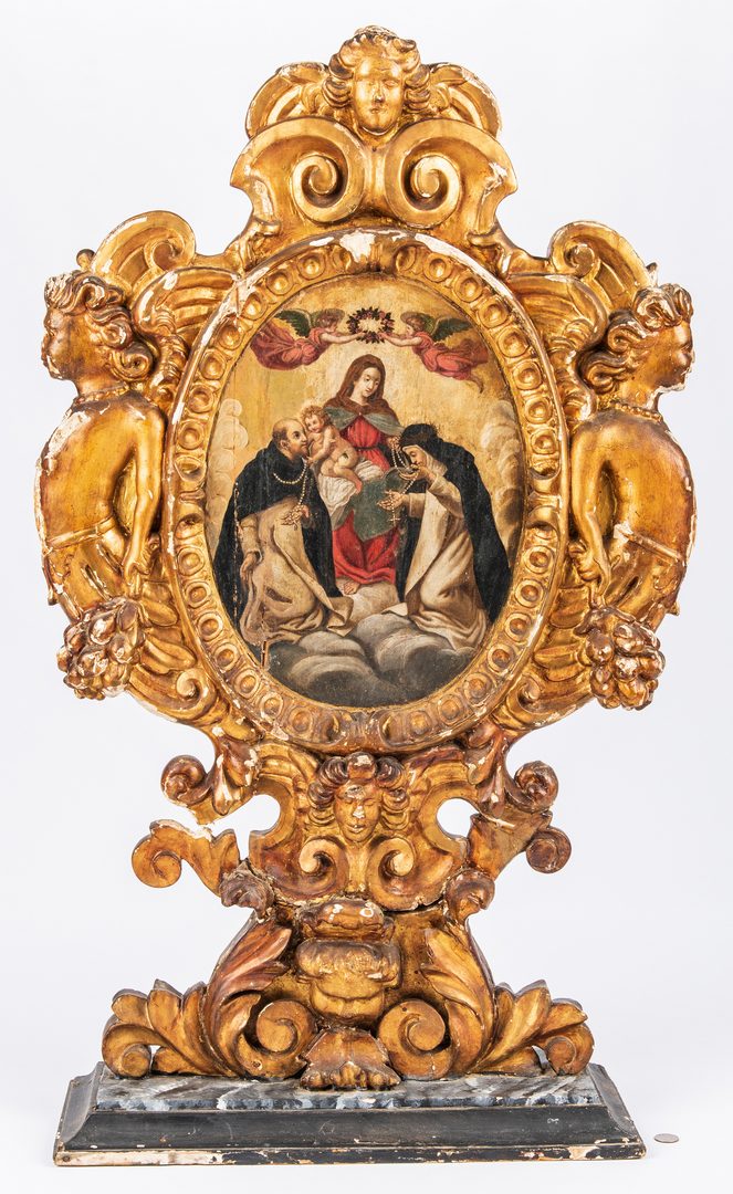 Lot 305: Carved Giltwood Reliquary, oil on panel of St. Mary