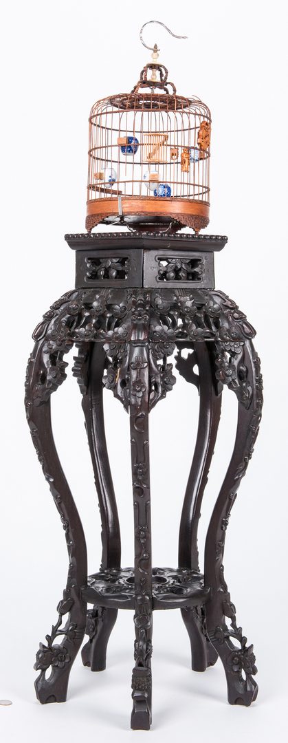 Lot 368: Chinese Prunus Carved Hardwood Stand & Bamboo Birdcage