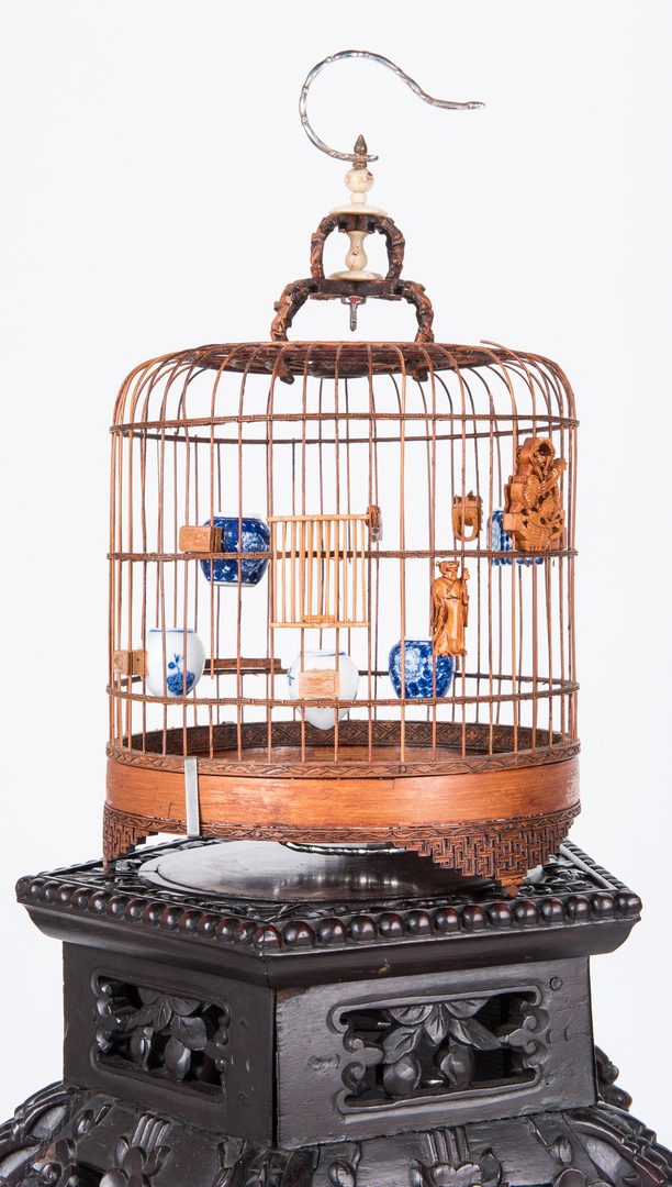 Lot 368: Chinese Prunus Carved Hardwood Stand & Bamboo Birdcage
