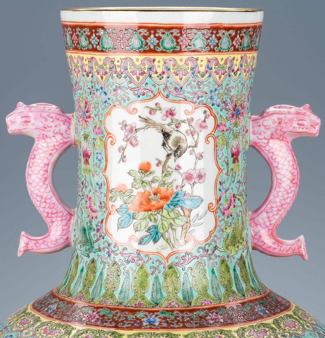 Lot 369: Large Chinese Porcelain Famille Rose Vase w/ Fish Handles