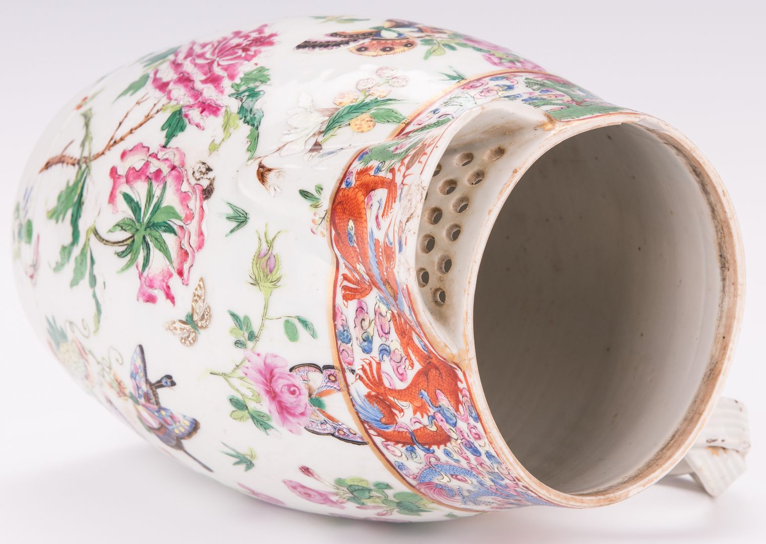 Lot 373: 3 Pcs Chinese Rose Medallion Porcelain: Conical Vase, Mug & Cider Jug