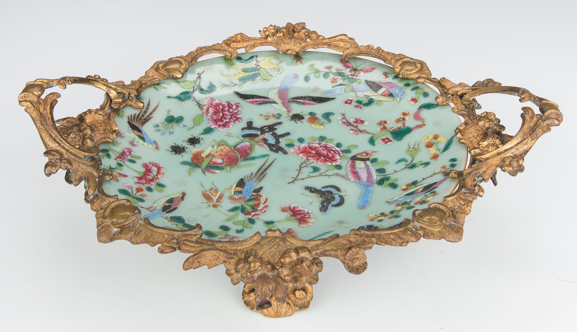 Lot 376: 2 Famille Rose Celadon Dishes, one with gilt bronze mounts