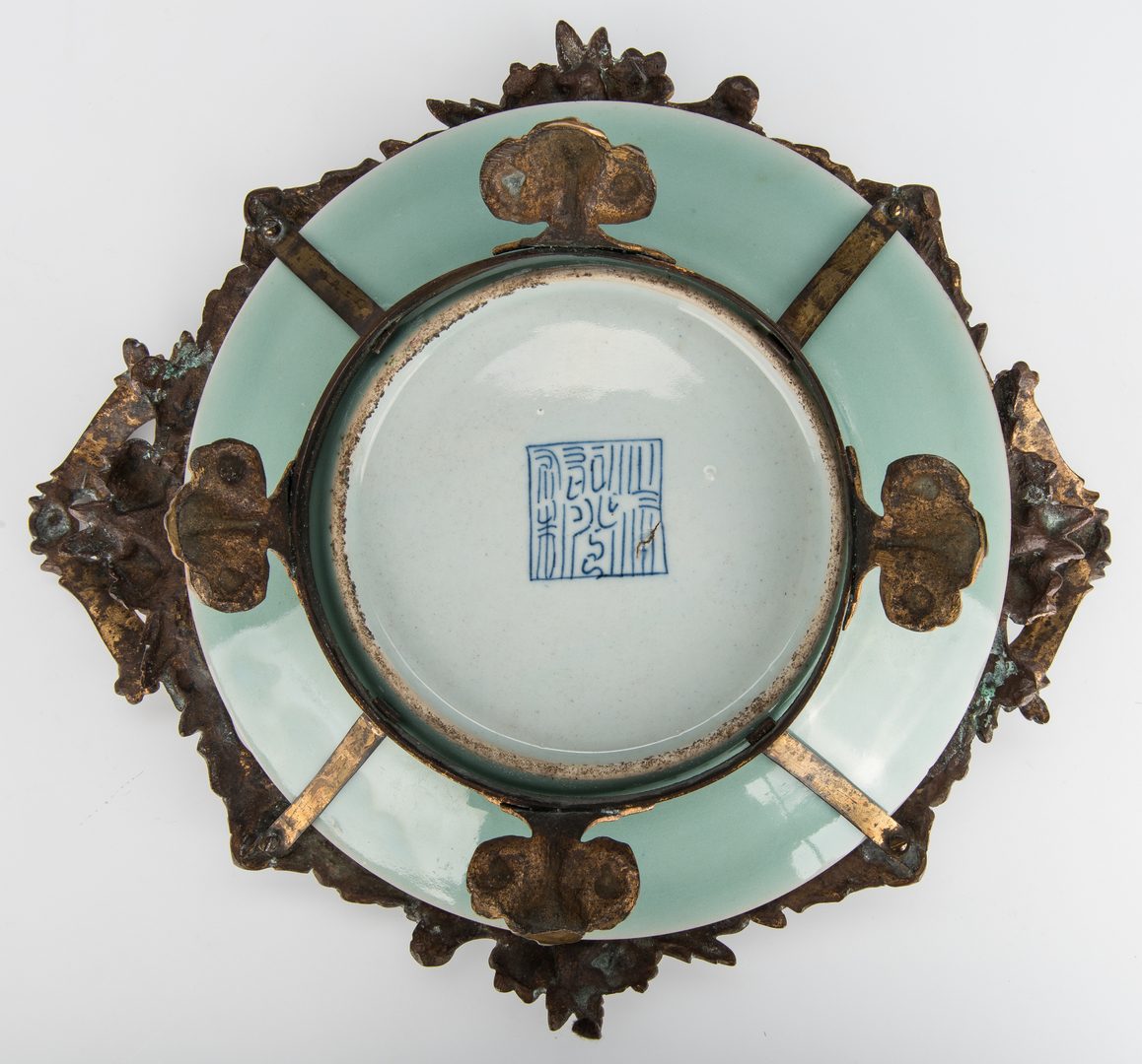 Lot 376: 2 Famille Rose Celadon Dishes, one with gilt bronze mounts