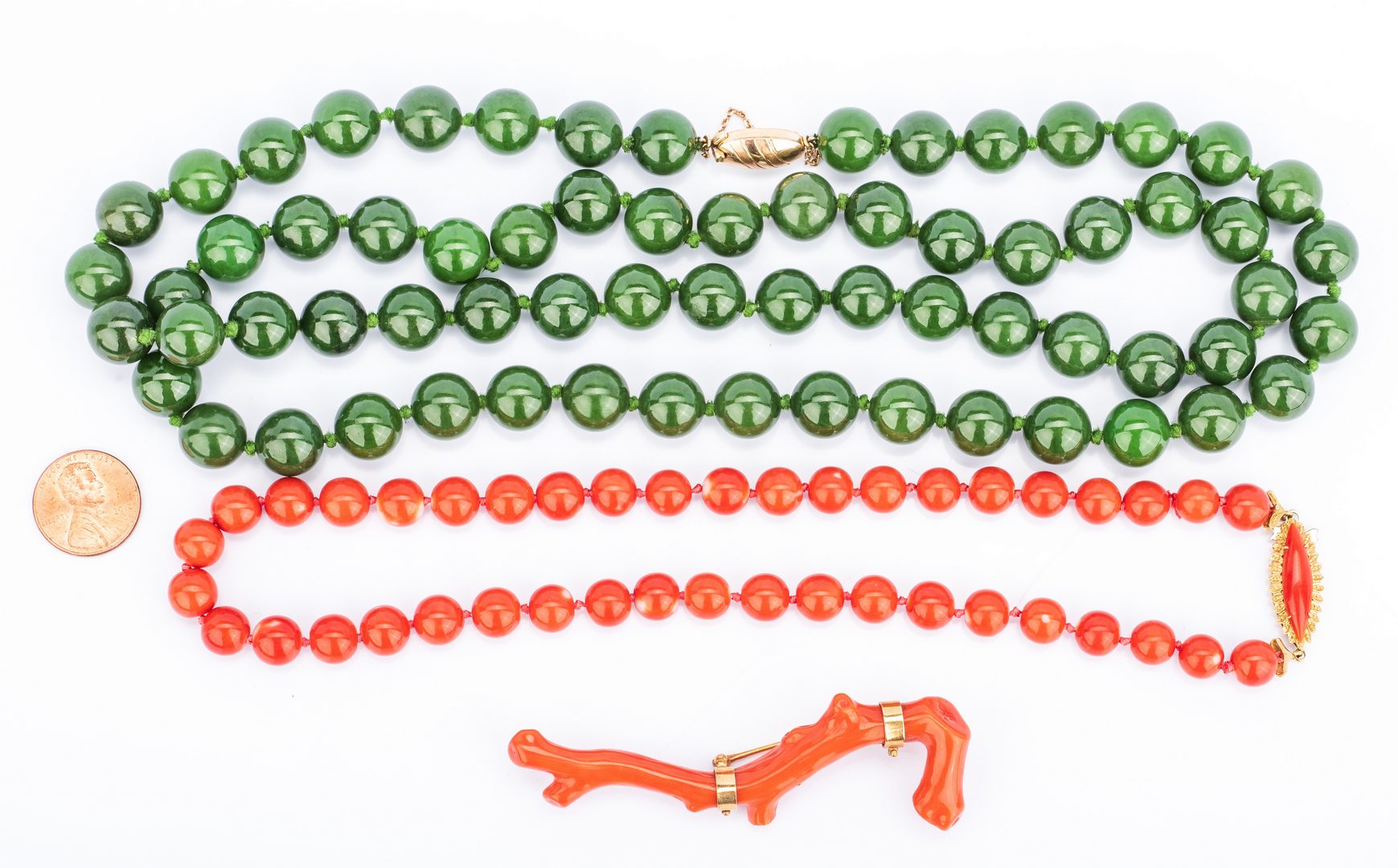 Lot 406: Red Coral Beads; Branch Pin, Jade Beads (3 items)