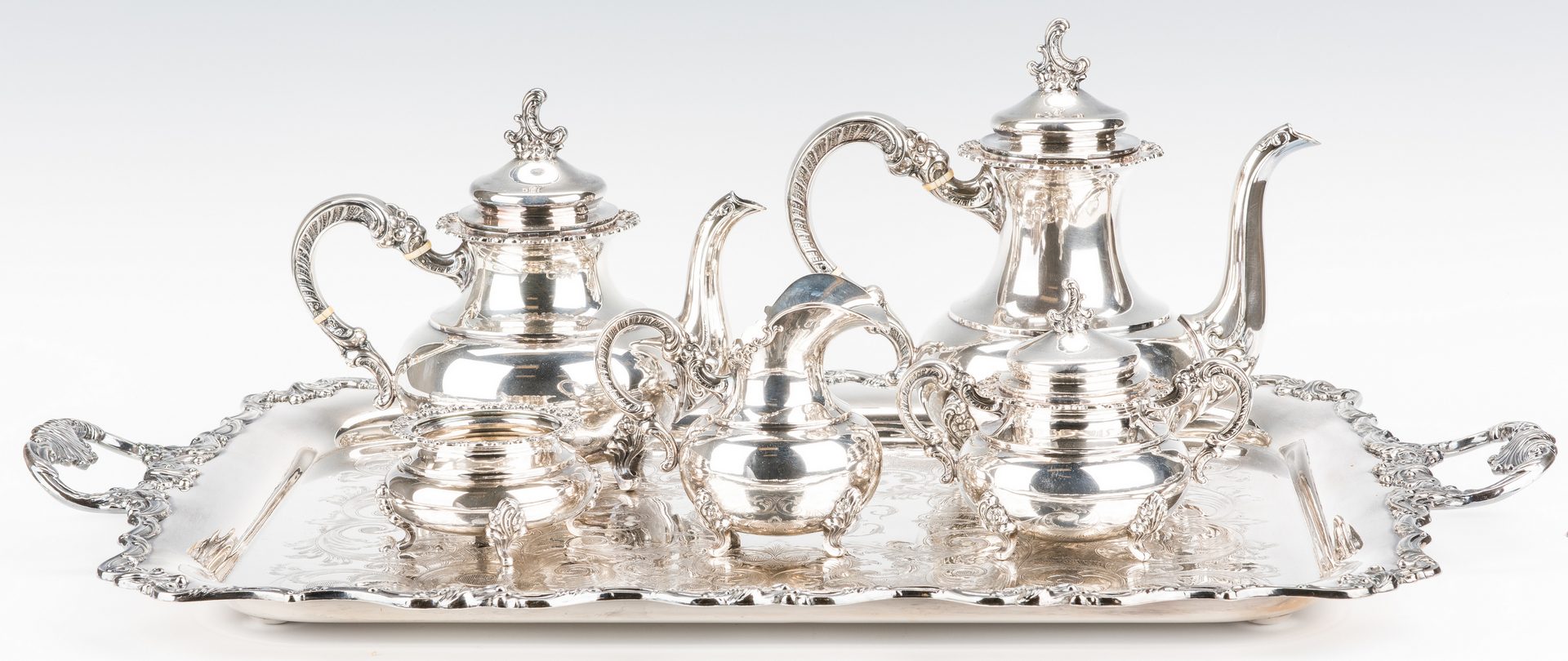 Lot 410: German 5-pc. Sterling Coffee and Tea Set w/SP tray