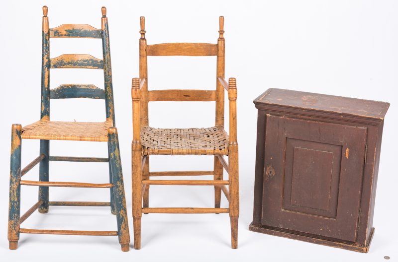 Lot 453: Painted Pine Cupboard & 2 East TN Chairs