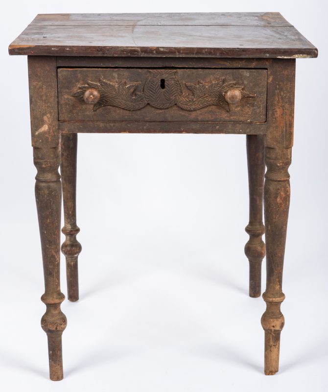 Lot 459: East TN Sheraton One Drawer Table, Carved Decoration to Drawer