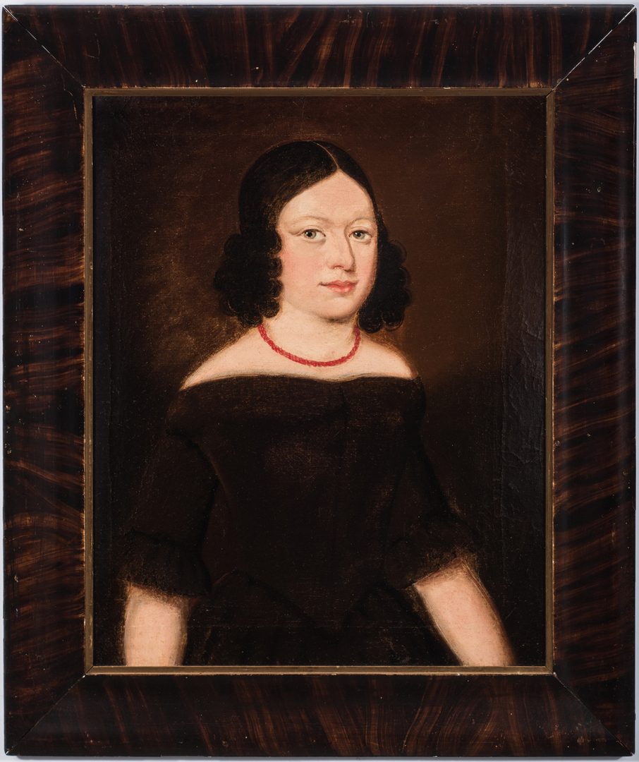 Lot 464: 19th C. American Portrait, Woman with Coral Necklace