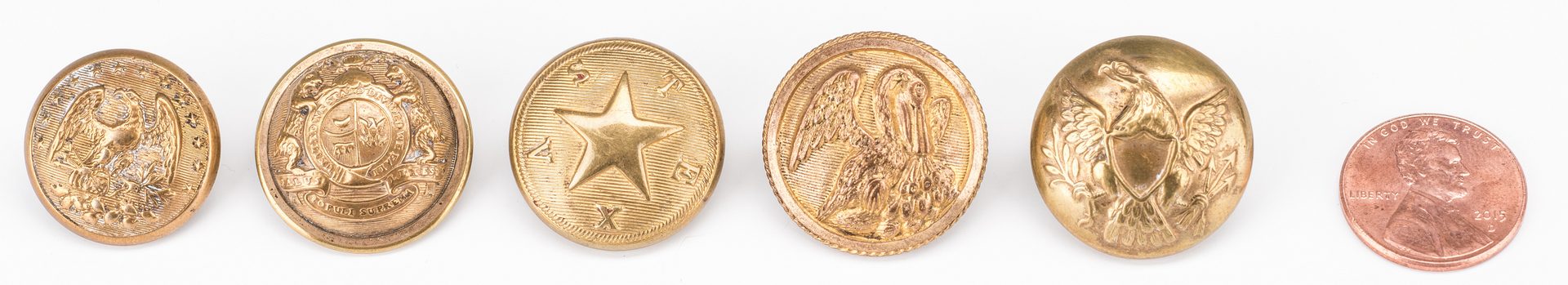 Lot 509: 5 Civil War Brass Buttons, 4 Confederate, 1 Texas