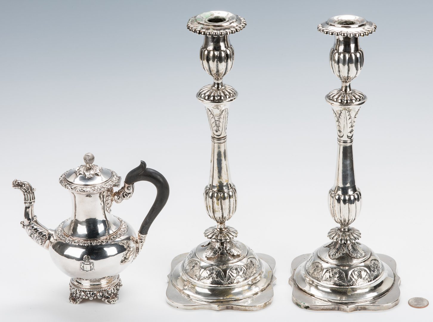 Lot 67: French Silver Teapot & 2 Continental Candlesticks