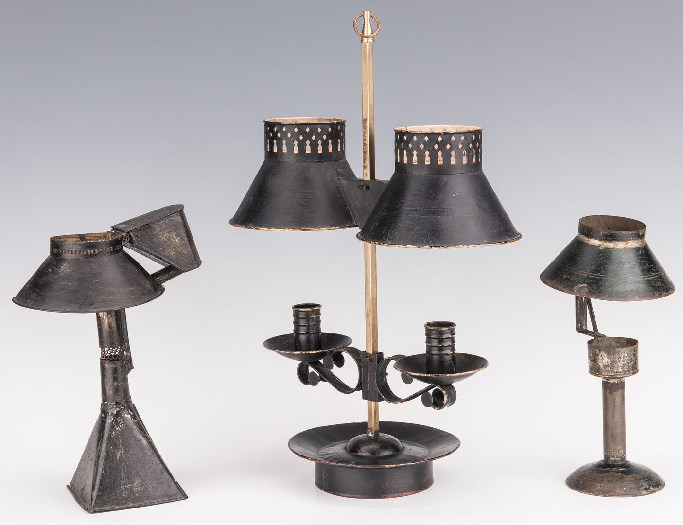 Lot 732: Tole Candle Lamps; Mirrored Sconces