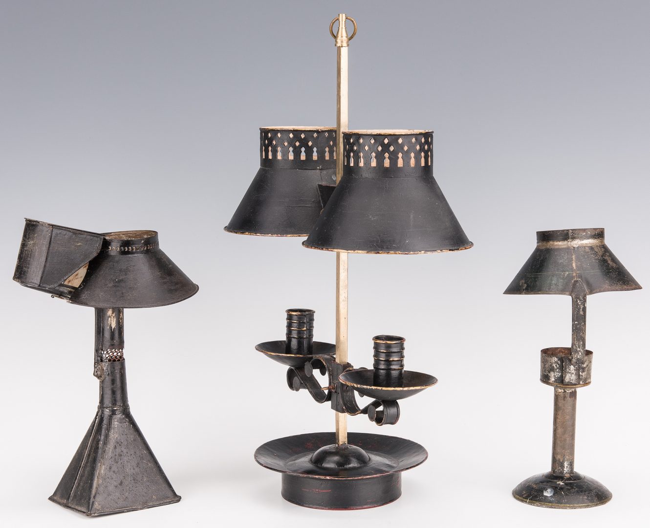 Lot 732: Tole Candle Lamps; Mirrored Sconces