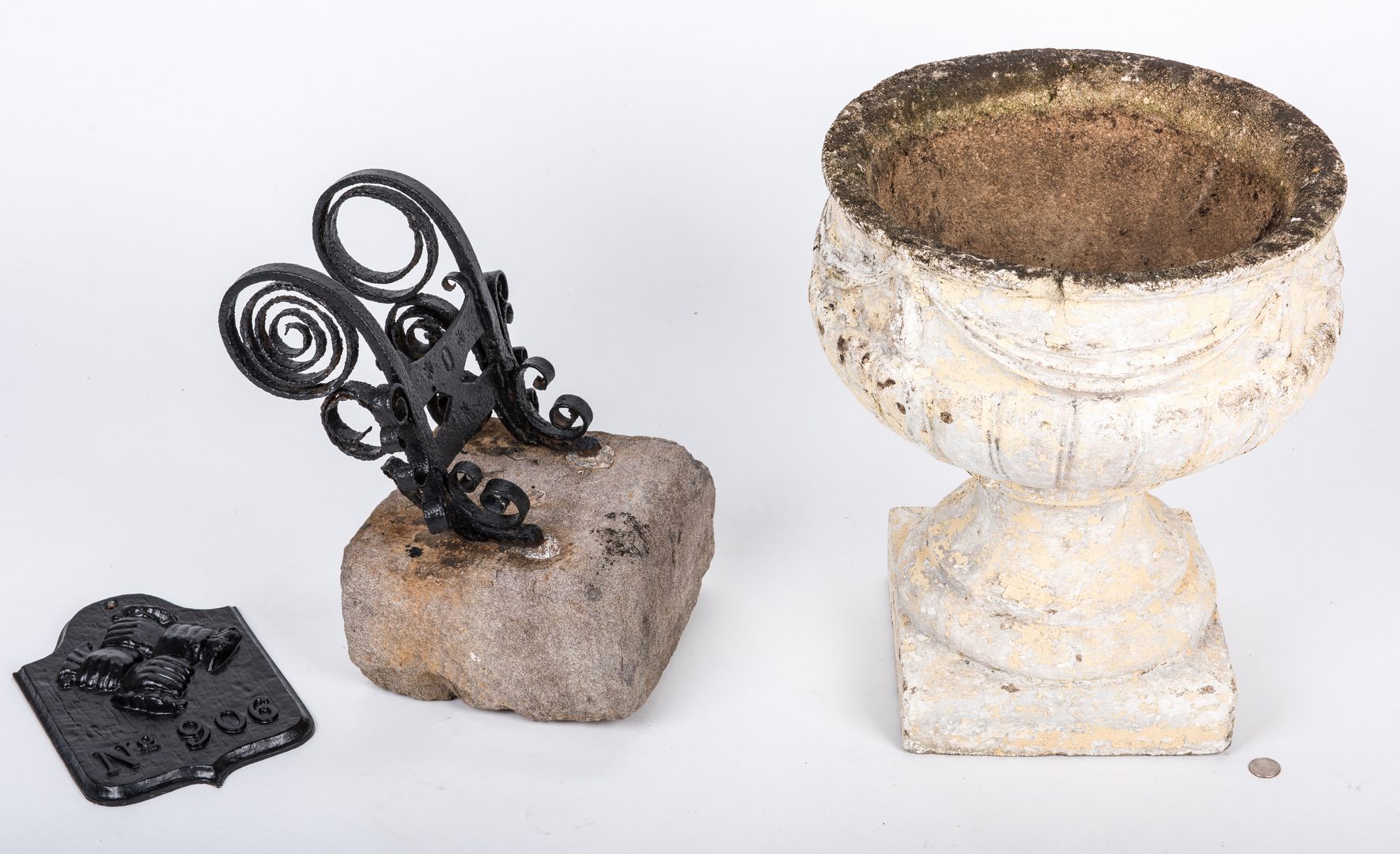 Lot 747: Early Bootscraper, Garden Urn, and Sign