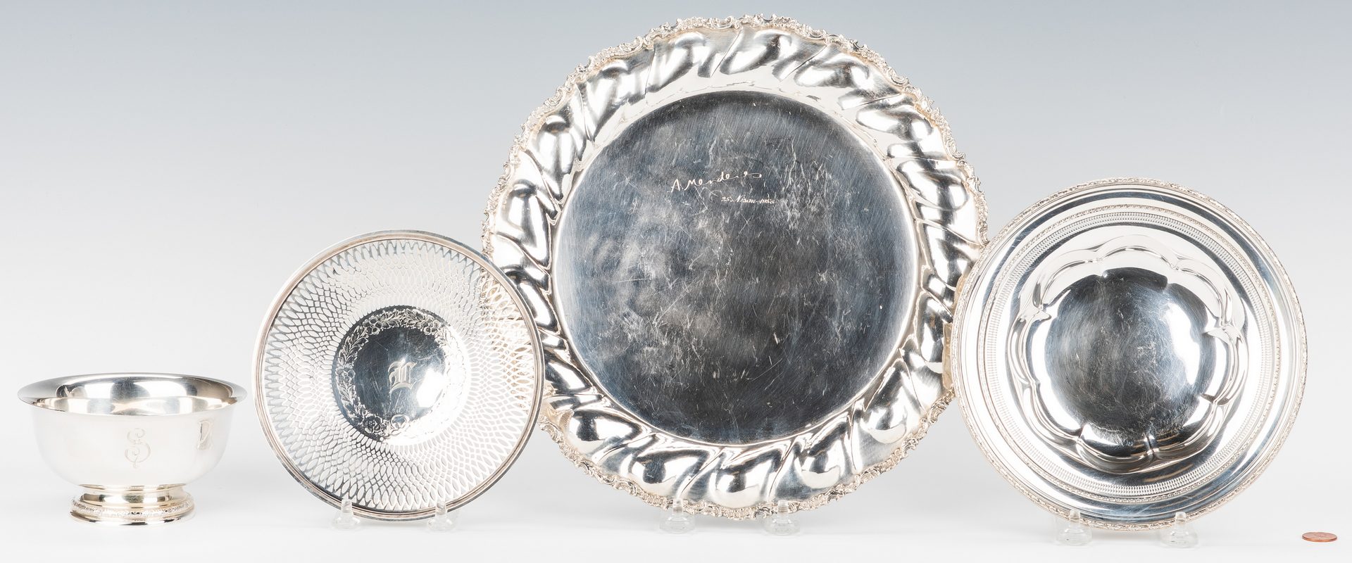 Lot 780: 4 Pcs, inc. 800 Silver Fluted Round Tray