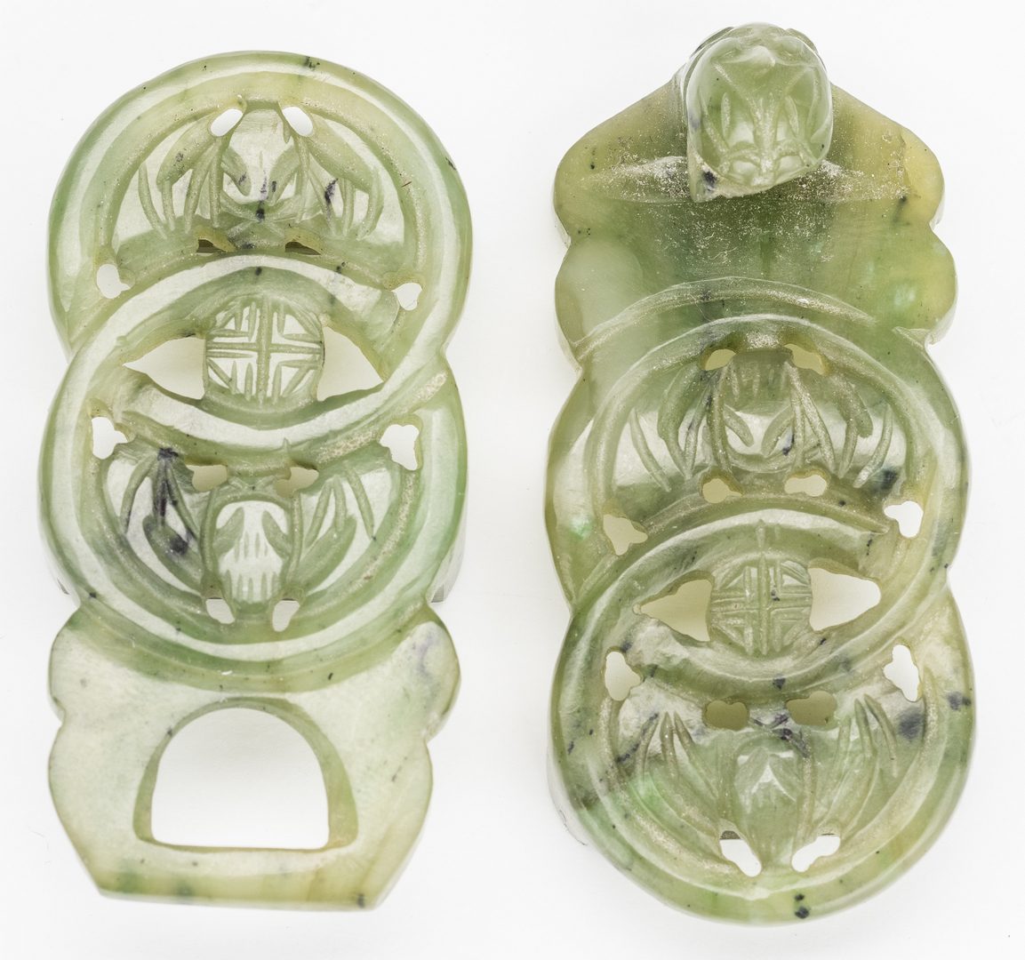 Lot 7: 3 Chinese Spinach Jade Belt Buckles & Chinese Round Lacquered Box