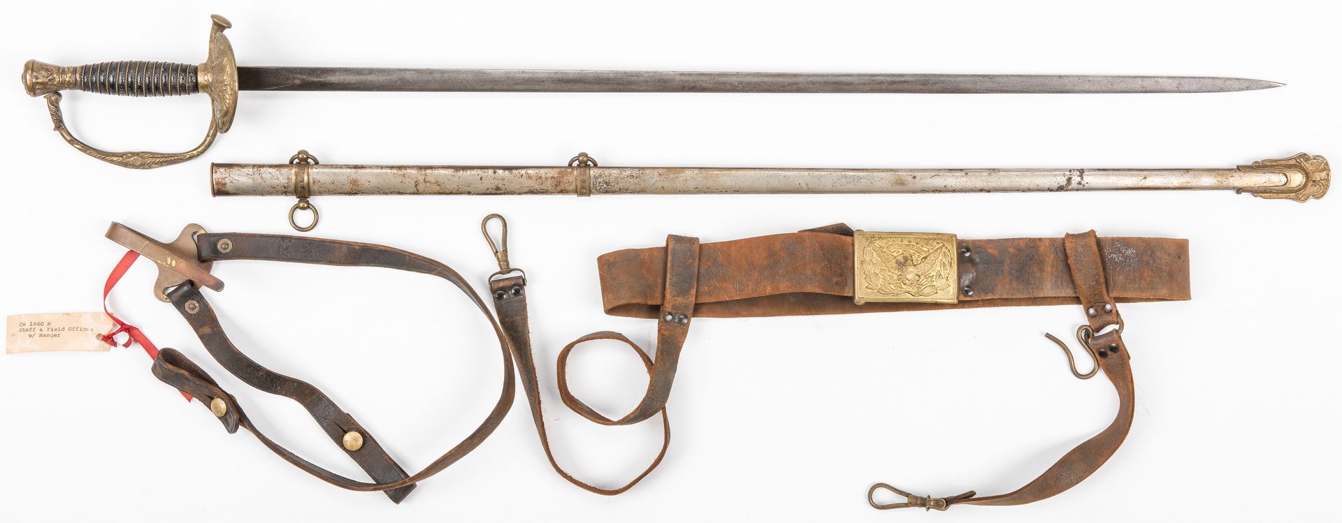 Lot 827: Civil War or Post Indian War Staff Sword, Belt Buckle, 2 items