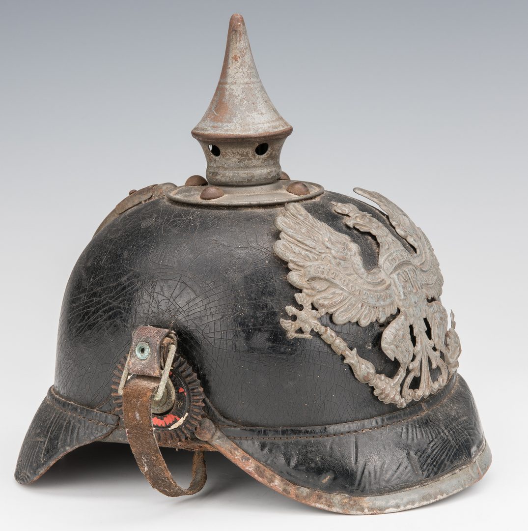 Lot 828: German WWI Pickelhaube Helmet,  WWI autograph book & Glass