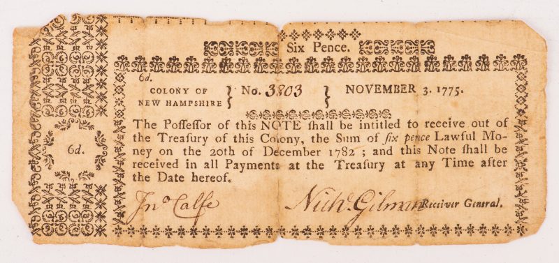 Lot 858: NH Colonial Six Pence, November 3, 1775