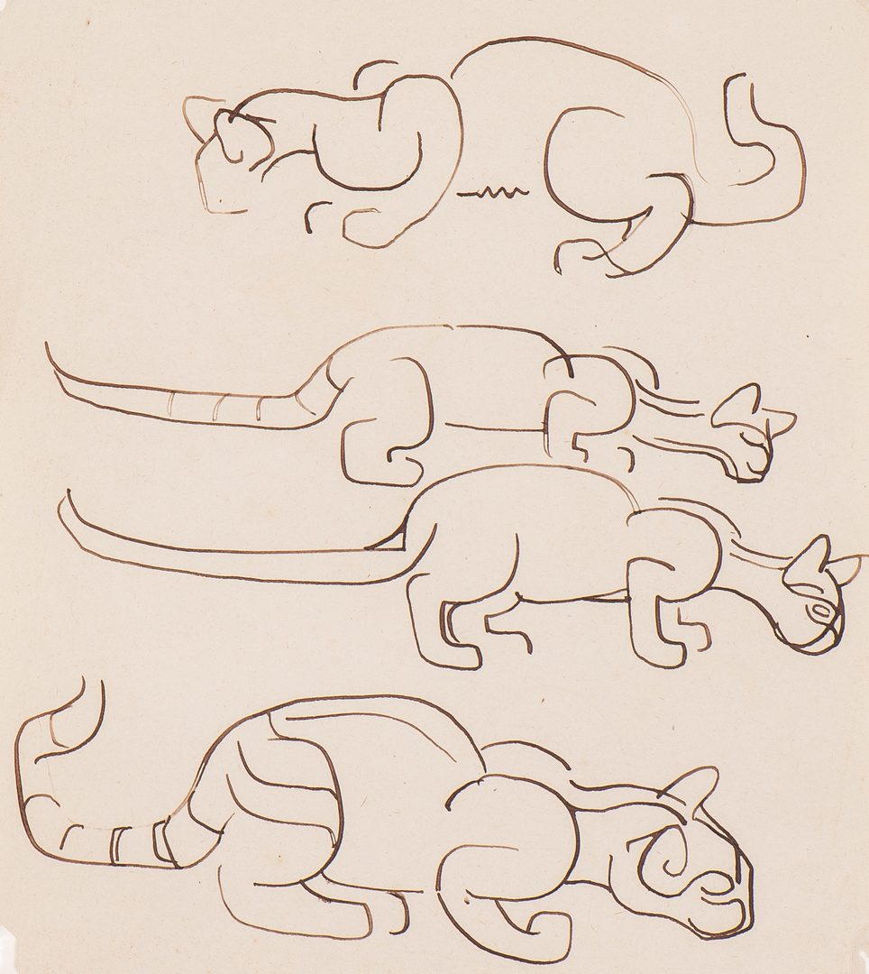 Lot 85: Walter Anderson Drawing, 4 cats, Estate stamp