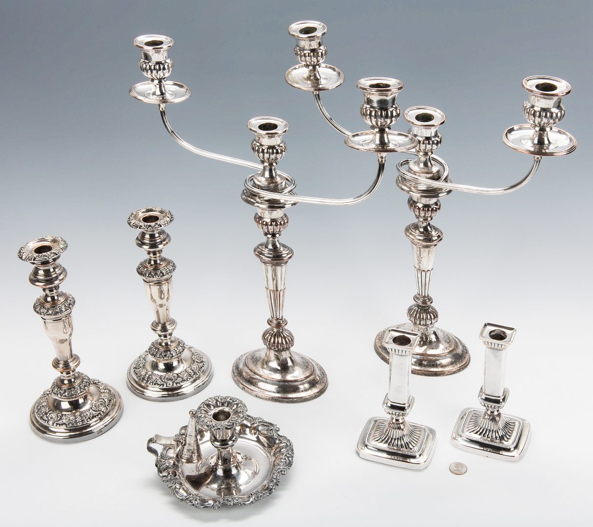 Lot 879: Group of Old Sheffield Plate Candlesticks and Lighting