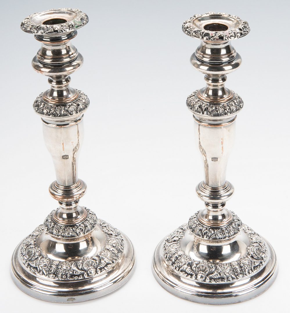 Lot 879: Group of Old Sheffield Plate Candlesticks and Lighting