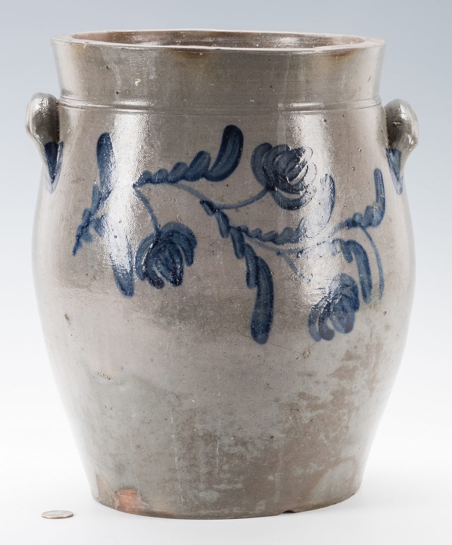 Lot 130: Middle TN Cherry Stand & Mid-Atlantic Cobalt Decorated Stoneware Jar