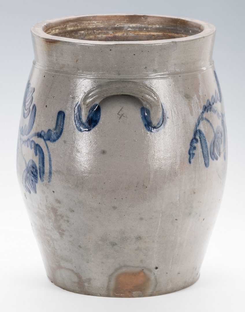 Lot 130: Middle TN Cherry Stand & Mid-Atlantic Cobalt Decorated Stoneware Jar