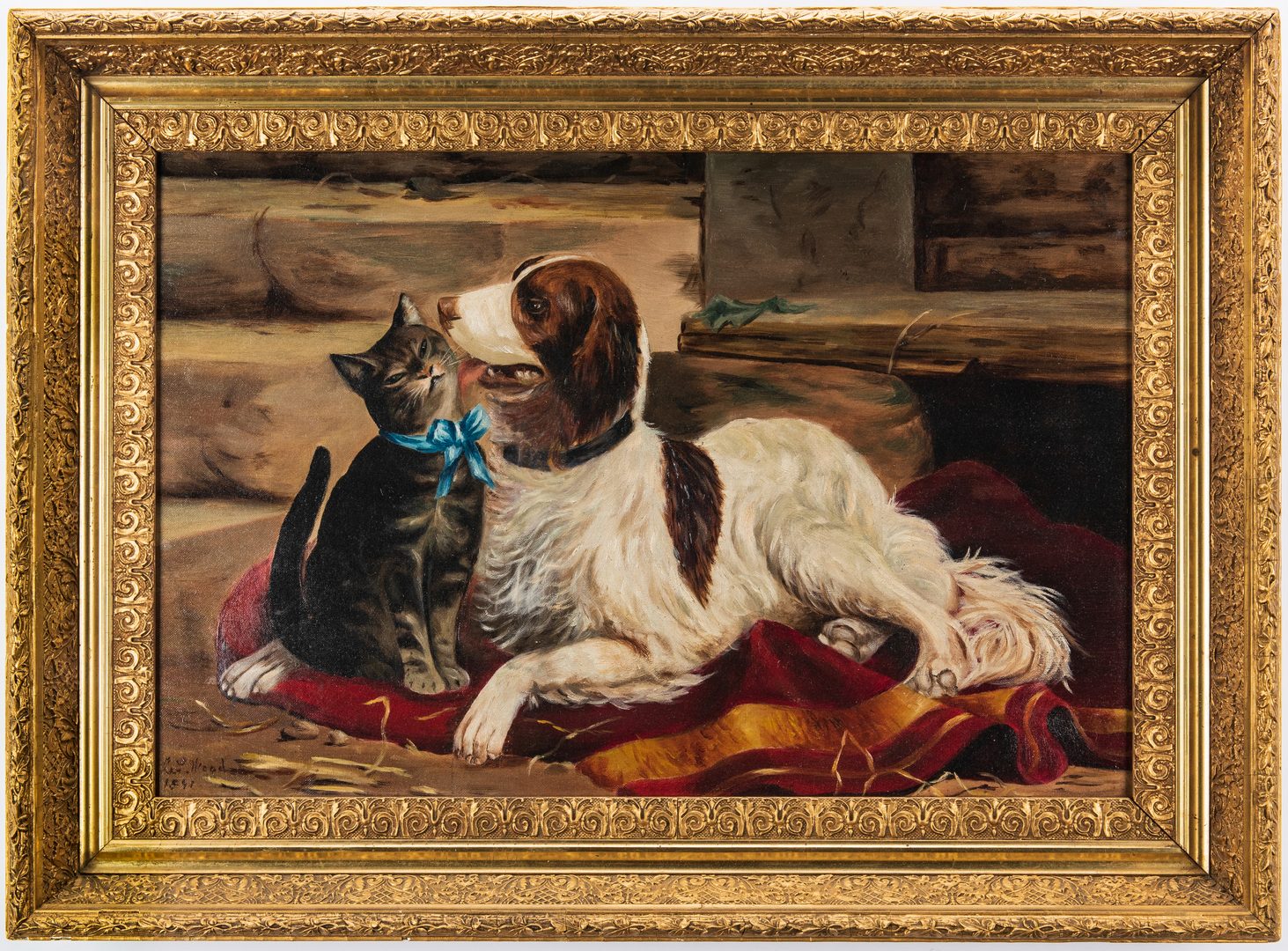 Lot 156: American School, O/C, Cat and Dog Painting