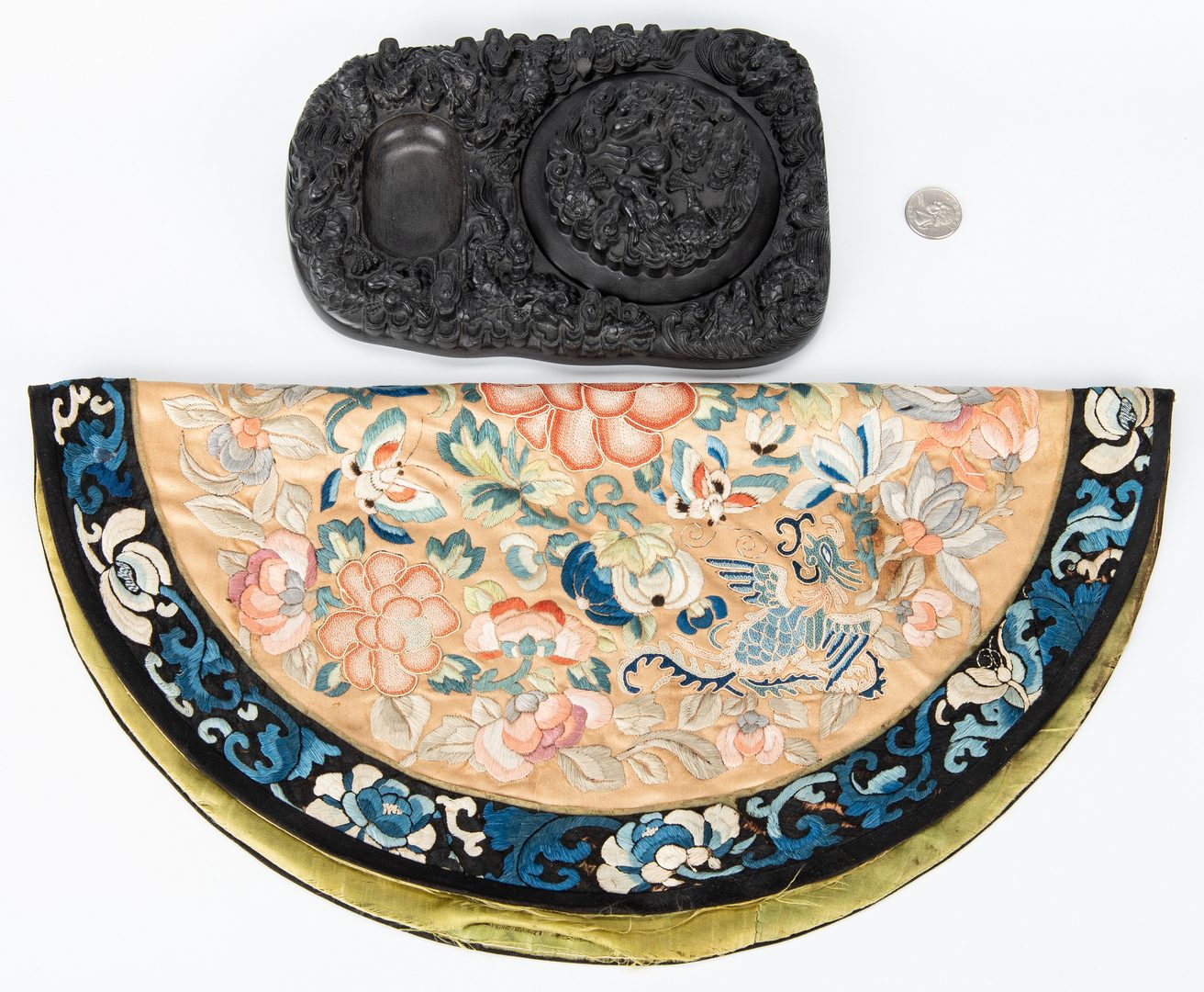 Lot 171: Chinese Carved Inkstone & Silk Embroidery, 2 items