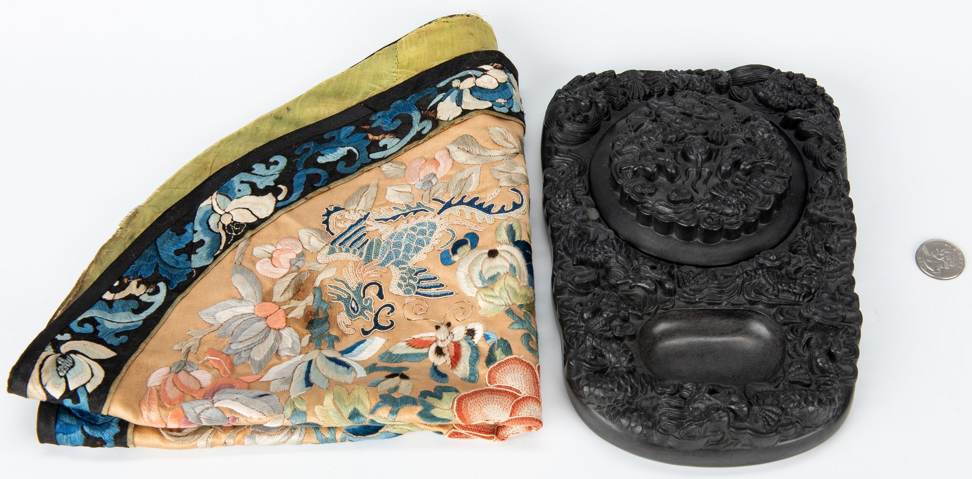 Lot 171: Chinese Carved Inkstone & Silk Embroidery, 2 items