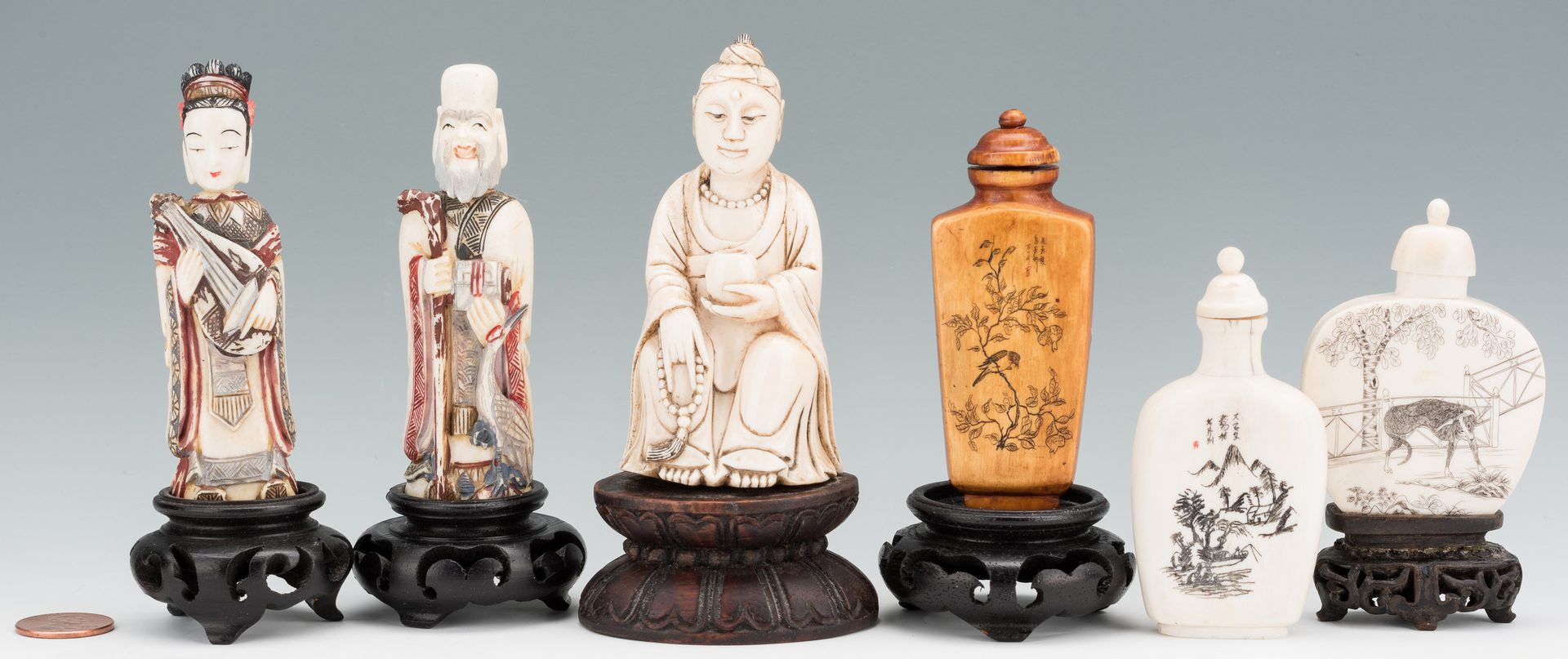 Lot 178: 5 Chinese Carved Snuff Bottles & 1 Carved Figure