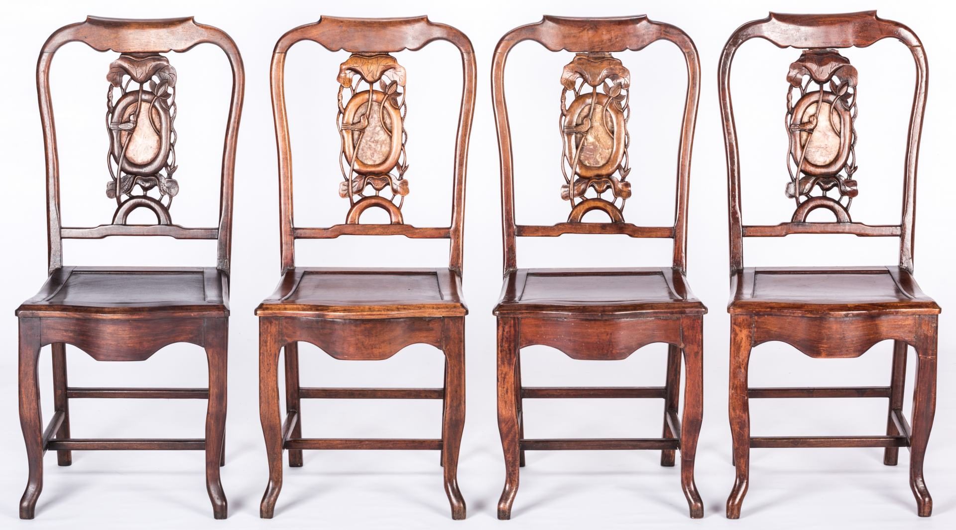 Lot 193: 4 Chinese chairs inset with carved hardstone