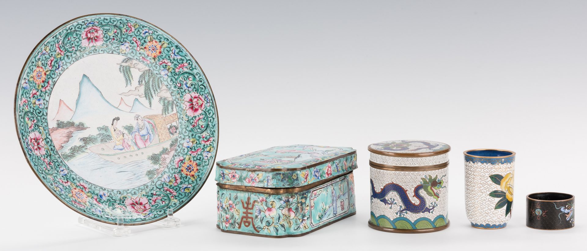 Lot 207: 5 Pcs. Chinese Cloisonne & Enameled Table Items