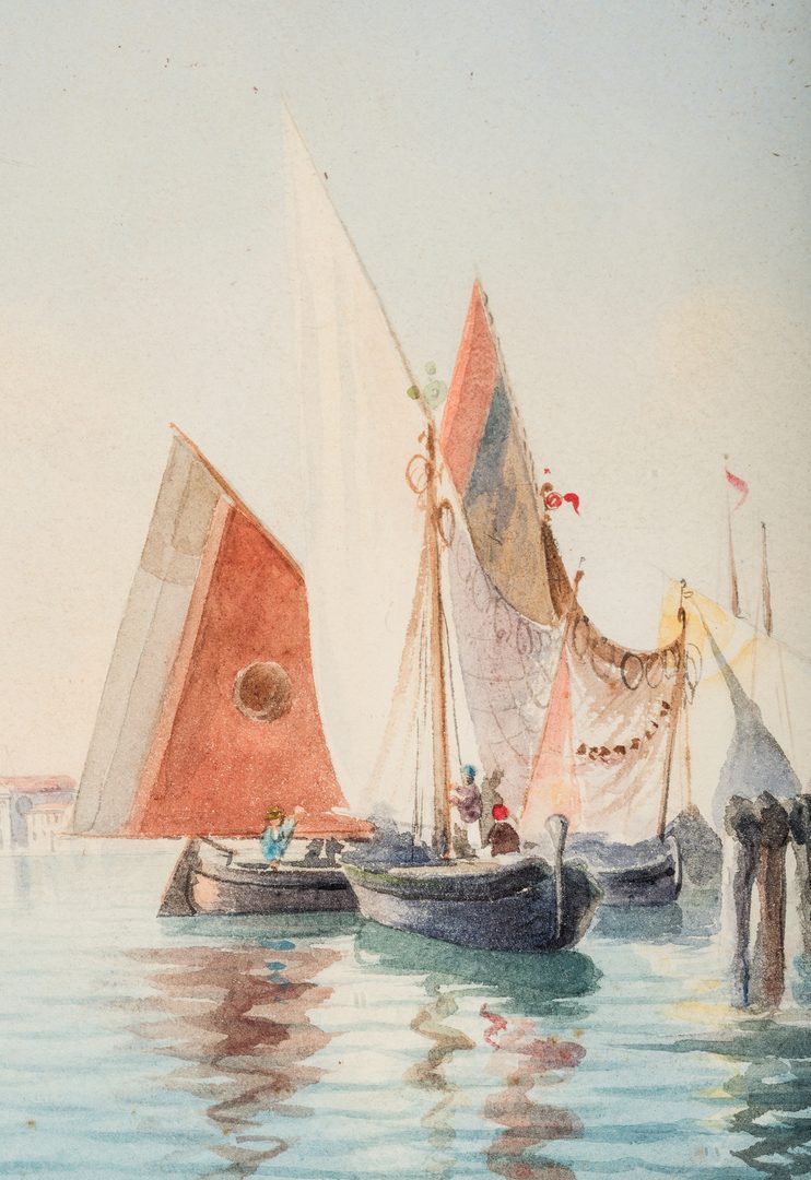 Lot 214: Umberto Ongania Watercolor Venetian Harbor Scene
