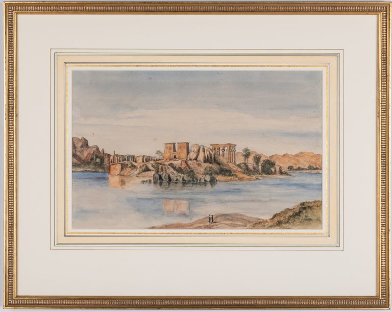 Lot 216: Continental School Watercolor, Egyptian Temple of Isis