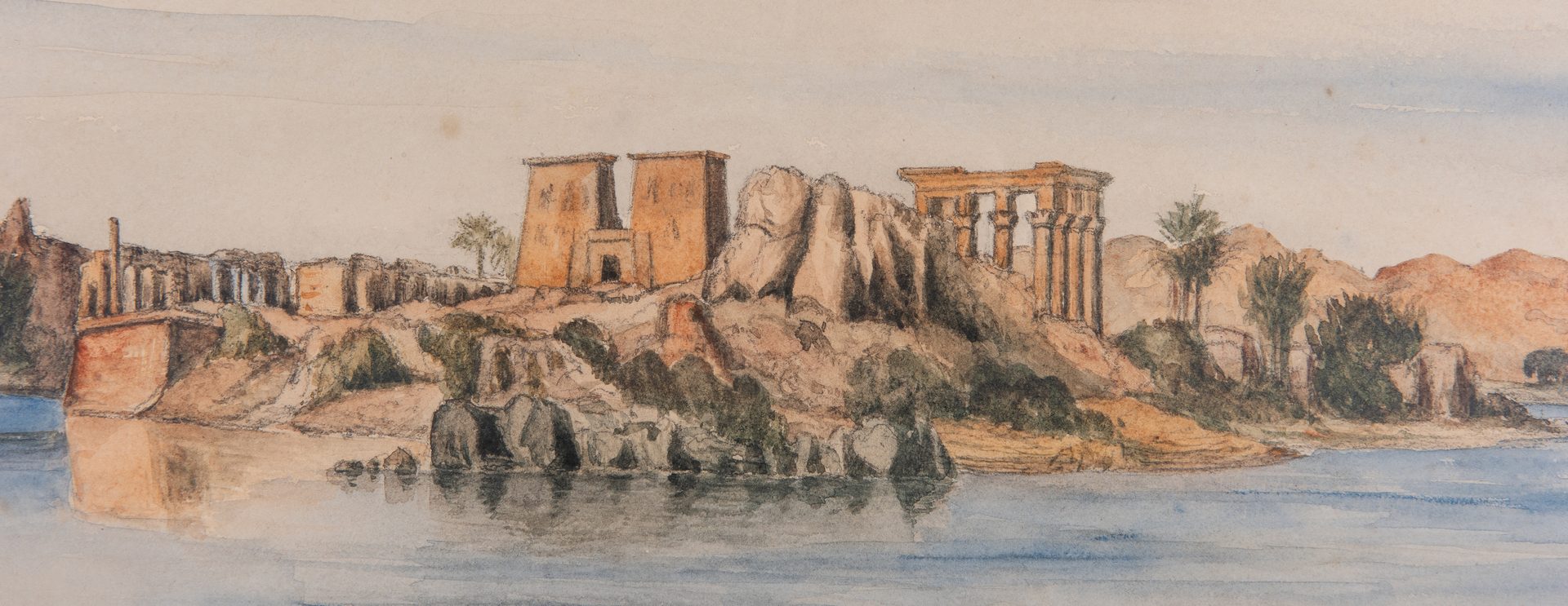 Lot 216: Continental School Watercolor, Egyptian Temple of Isis