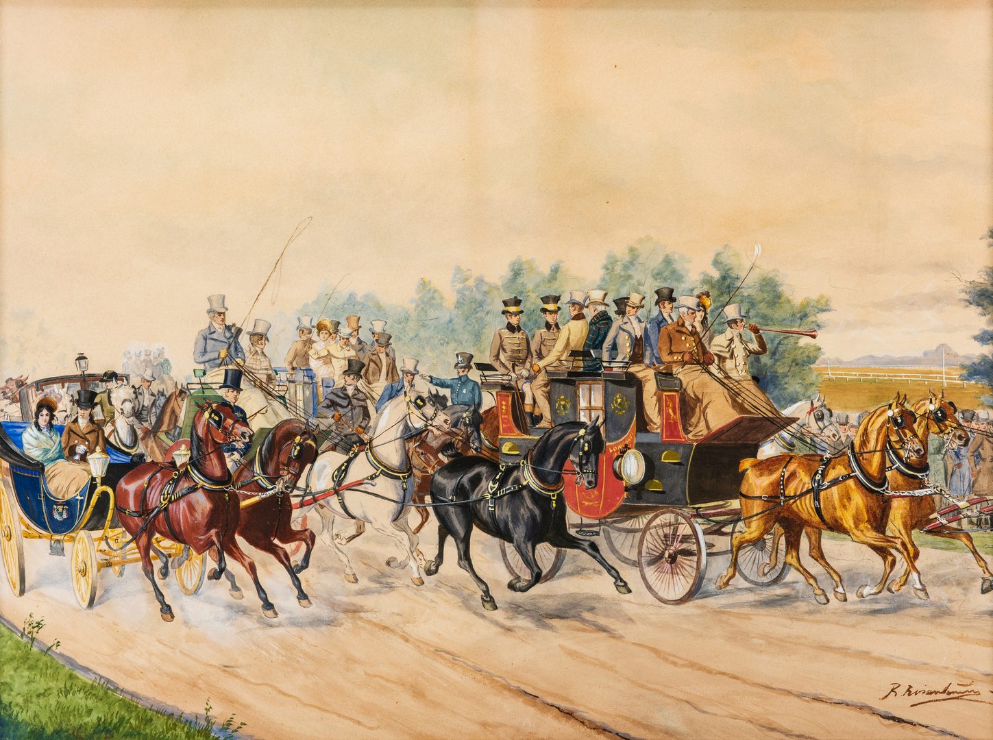 Lot 224: Large European Watercolor Carriage Scene