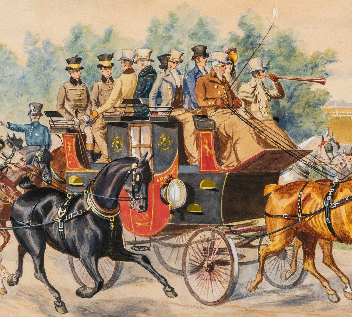 Lot 224: Large European Watercolor Carriage Scene