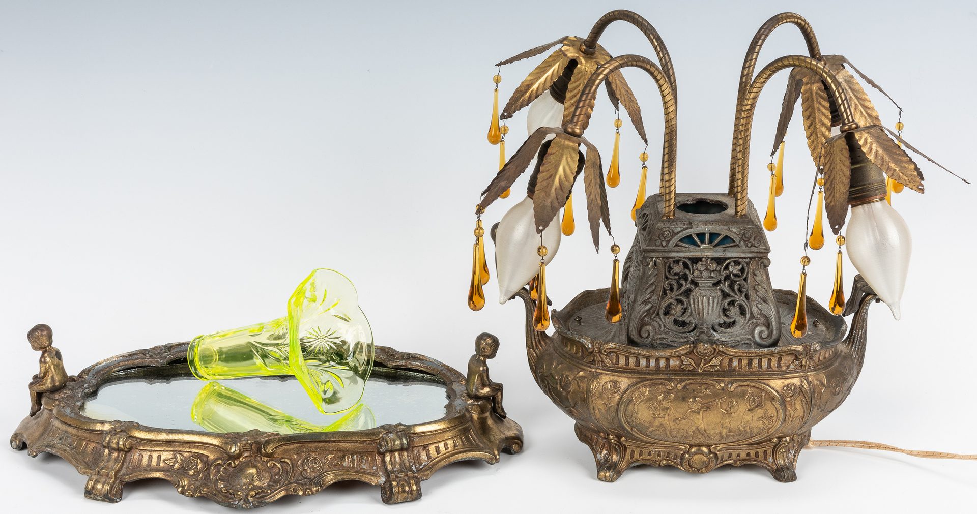Lot 248: Orientalist Lamp w/ Art Glass Vase & Plateau