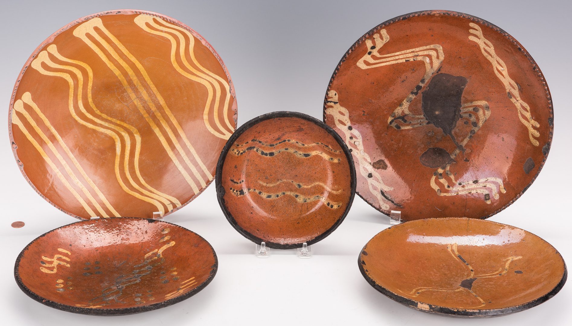 Lot 260: 5 Slipware Decorated Redware Pieces, incl 19th Cent.