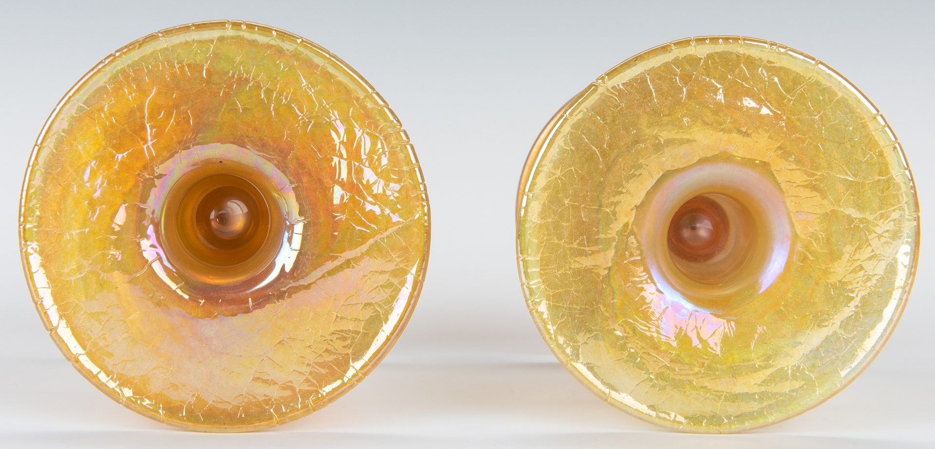Lot 269: Pair Iridescent Gold Art Glass Candlesticks