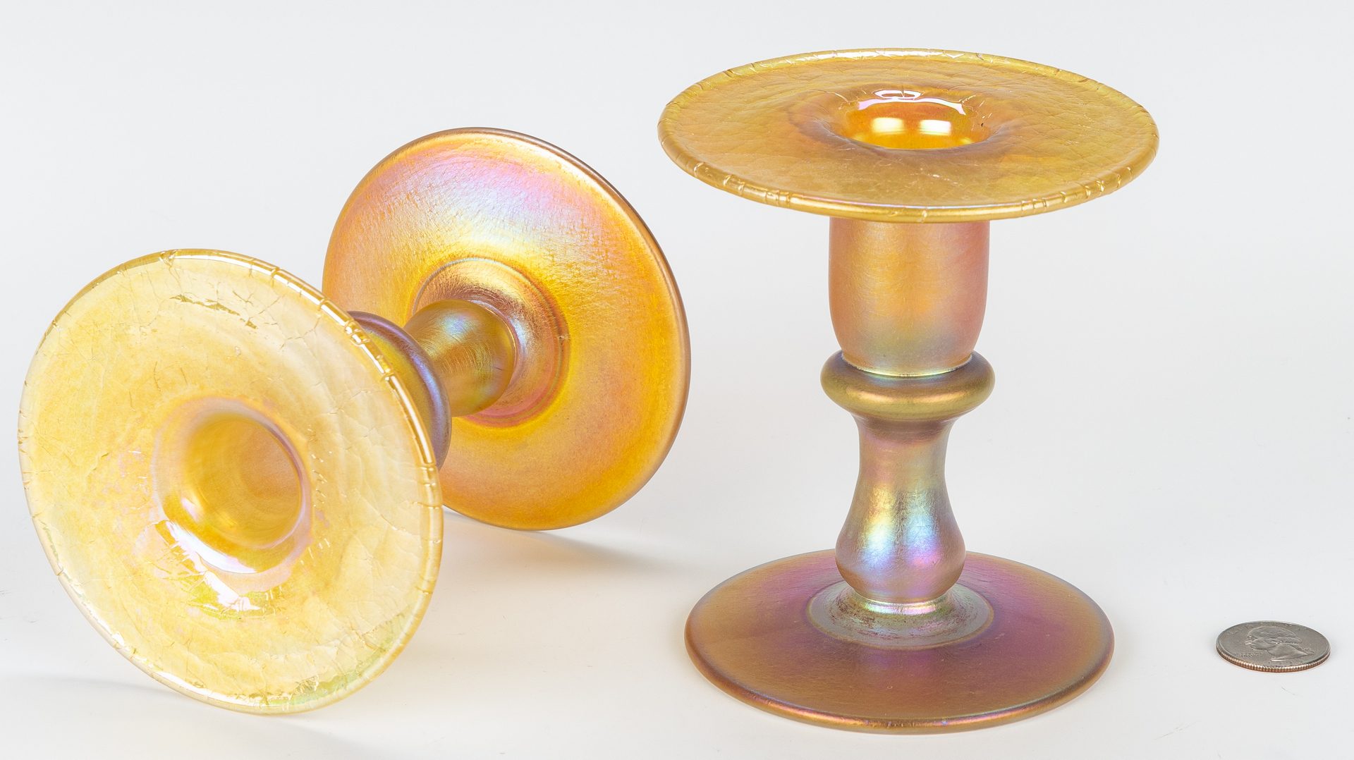 Lot 269: Pair Iridescent Gold Art Glass Candlesticks