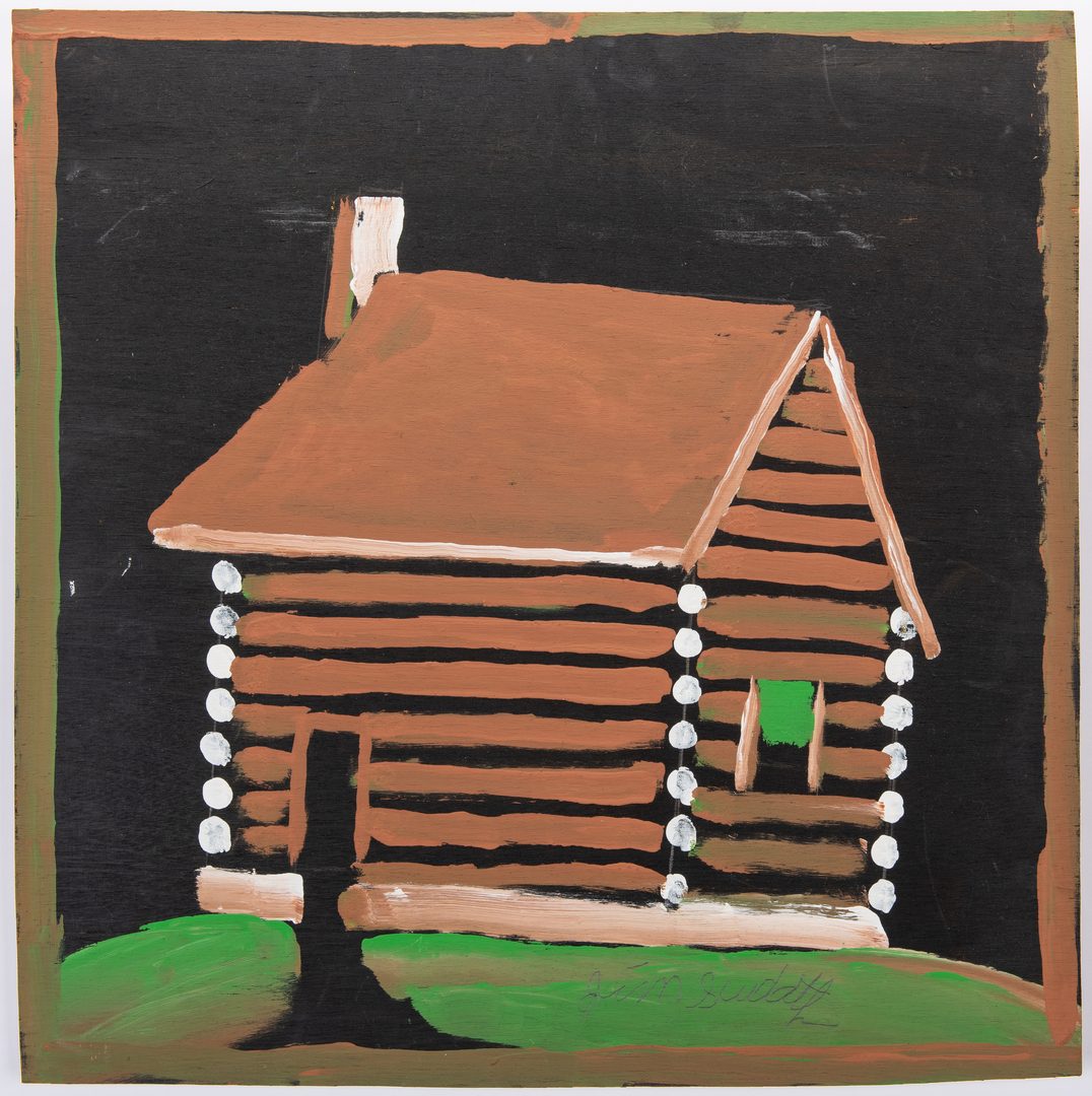 Lot 320: Jimmy Lee Sudduth Painting of a Log Cabin