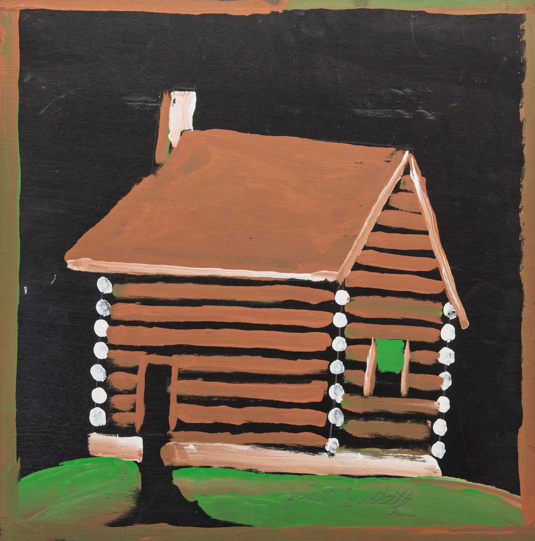 Lot 320: Jimmy Lee Sudduth Painting of a Log Cabin