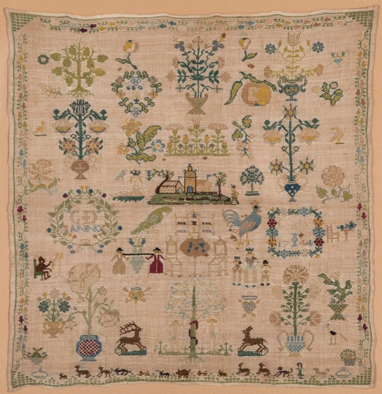 Lot 344: 1744 Needlework sampler with Adam and Eve