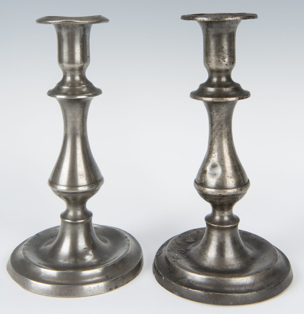 Lot 350: Group of 5 Pewter Candlesticks & 4 Wallpaper Boxes, New England